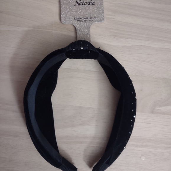 Natasha Rhinestone Black Velvet Velour Shimmer Hairband Y2K Bling - Picture 1 of 3